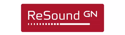 Rotes Rechteck mit weißer Aufschrift 'ReSound GN' und einer weißen Linie mit Punkten darunter.