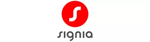 Rotes rundes Logo mit weißem stilisiertem Buchstaben 'S' und darunter der Schriftzug 'signia' in grauer Schrift.