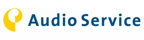 Gelbes rundes Logo mit weißem Kreis und Punkt, daneben der Schriftzug 'Audio Service' in blauer Schrift.