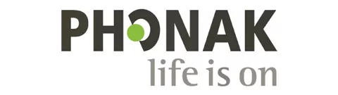Logo mit dem Schriftzug 'PHONAK' in Großbuchstaben, das 'O' ist als schwarzer Halbkreis mit grünem Punkt gestaltet, darunter der Slogan 'life is on' in Kleinbuchstaben.