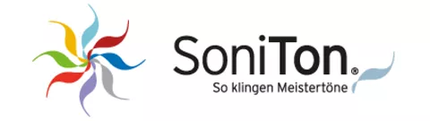 Buntes, stilisiertes Windrad mit acht gebogenen Flügeln neben dem Schriftzug 'SoniTon' und dem Slogan 'So klingen Meistertöne'.