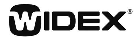 Schwarz-weißer Widex-Logo-Schriftzug mit abgerundeten Großbuchstaben, das W ist in einem abgerundeten Quadrat.